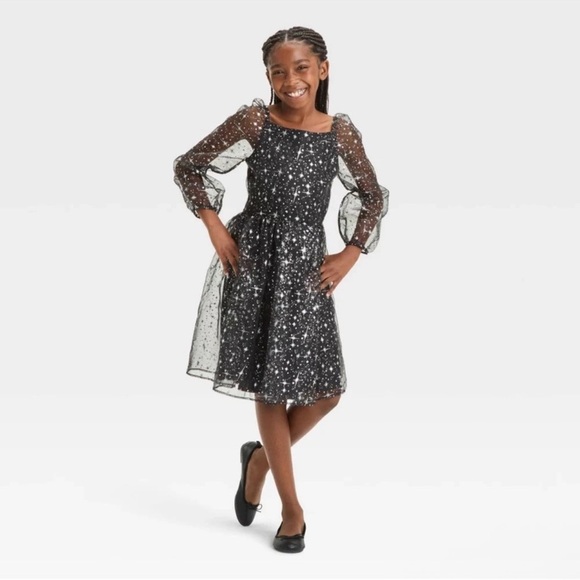 FAO Schwarz Girls Star Metallic Mesh Dress - Black, L - Picture 3 of 3